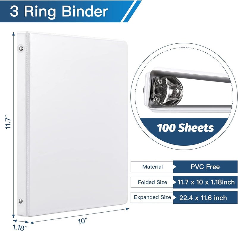 SUIN Basic 3 Ring Binder -1 or 1/2'' Binders with Roung Ring Binder, Large 100/200 Sheet Capacity, Fit 8.5" x 11" US Letter Size Paper, 12 Pack White (0.5'' White - 12 Packs) - Image 2